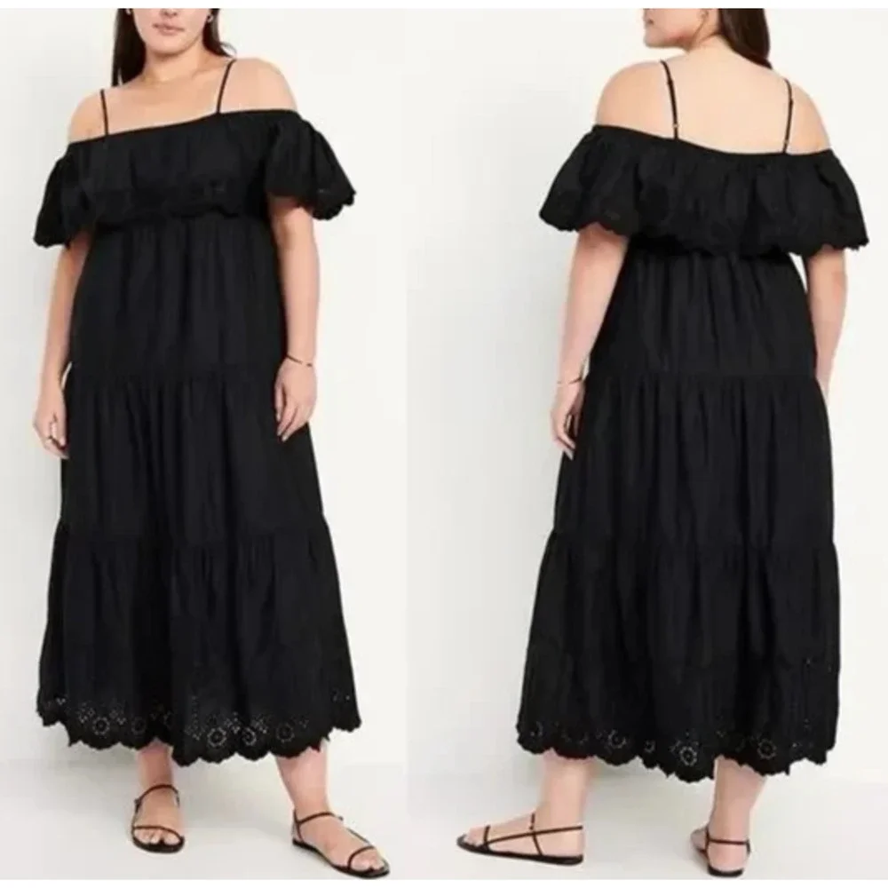 NWT Old Navy Cold Shoulder Maxi Swing Dress Black Ruffle Cotton Plus Size 3X - Picture 1 of 12
